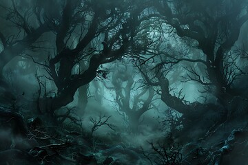 : A dark, ominous forest, with twisted, gnarled trees and a thick, foreboding fog - obrazy, fototapety, plakaty