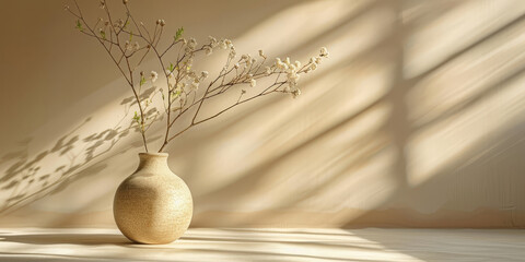 Light beige background with soft shadows and sun rays and vase dry flower