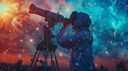 Scientist studying the distant stars through a powerful telescope,unlocking the mysteries of the universe and cosmic