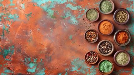 Artistic spice palette  array of spices in small bowls and containers for culinary inspiration
