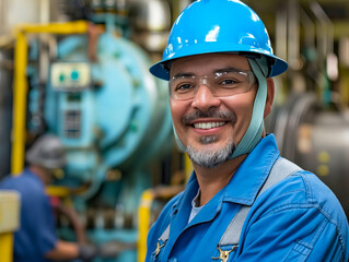 A smiling man in a blue hard hat and glasses.