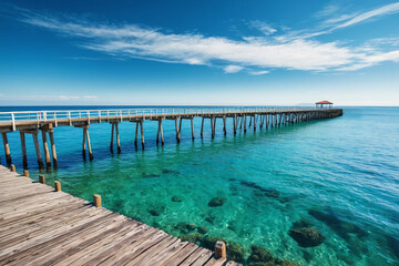 Sunset on a wooden pier and a luxury resort on the Maldives island. Magnificent beach, sky and...