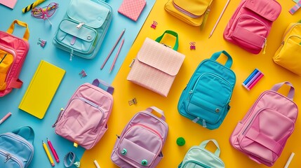 Assorted Colorful School Backpacks and Stationery Supplies Arranged on Vibrant Background - obrazy, fototapety, plakaty