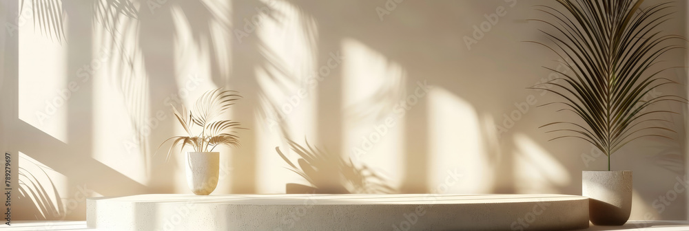 Poster empty podium for product presentation, a round beige podium with soft shadow. empty space in middle 