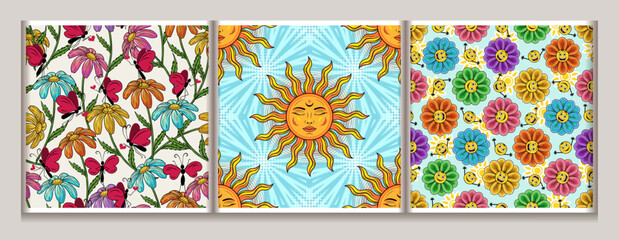 Seamless hippie style summer patterns with sun, chamomiles, emoji. Groovy, naive, hippie style. For apparel, fabric, textile, kids design.
