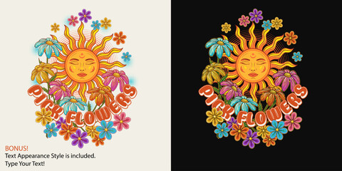 Summer label with sun with face, chamomile, halftone shapes, editable text effect. Groovy, hippie retro style. For clothing, apparel, T-shirts, surface decoration