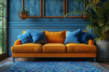 A sophisticated living room featuring a plush orange sofa with blue pillows against a classic blue wall with decorative frames