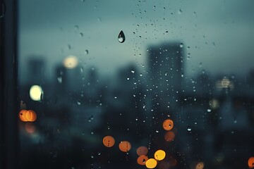 : A close-up shot of a single raindrop trickling down a windowpane, with a blurred cityscape in the background, during a rainstorm - obrazy, fototapety, plakaty