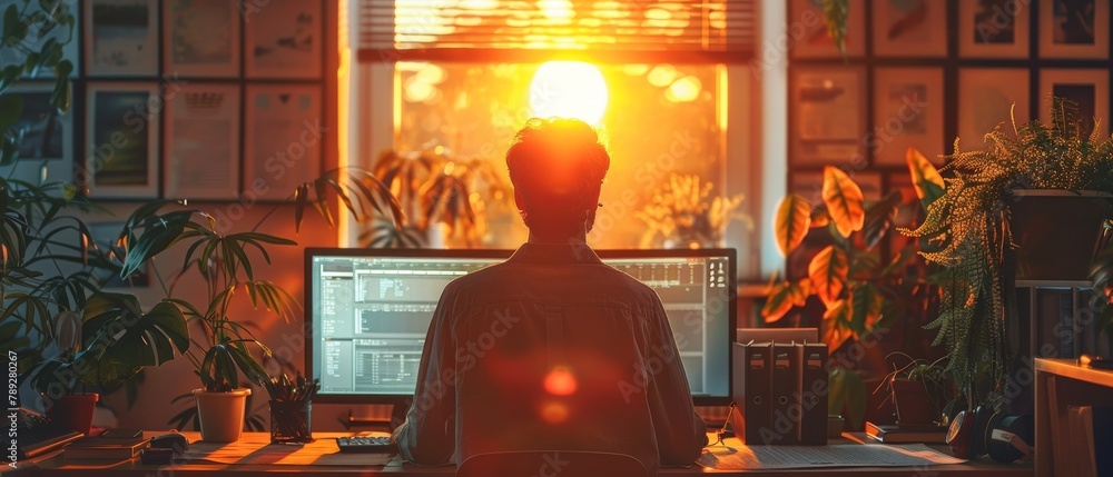 Poster dynamic image of a creative professional's workspace during sunset creating a silhouette effect