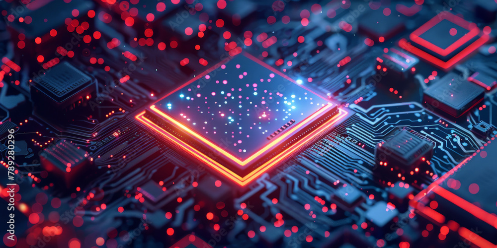 Poster a closeup of an integrated circuit board with processor on colorful bokeh light, technology
