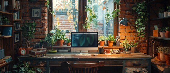 Inviting workspace with rustic brick walls, computer on wooden desk, and assorted plants - Powered by Adobe