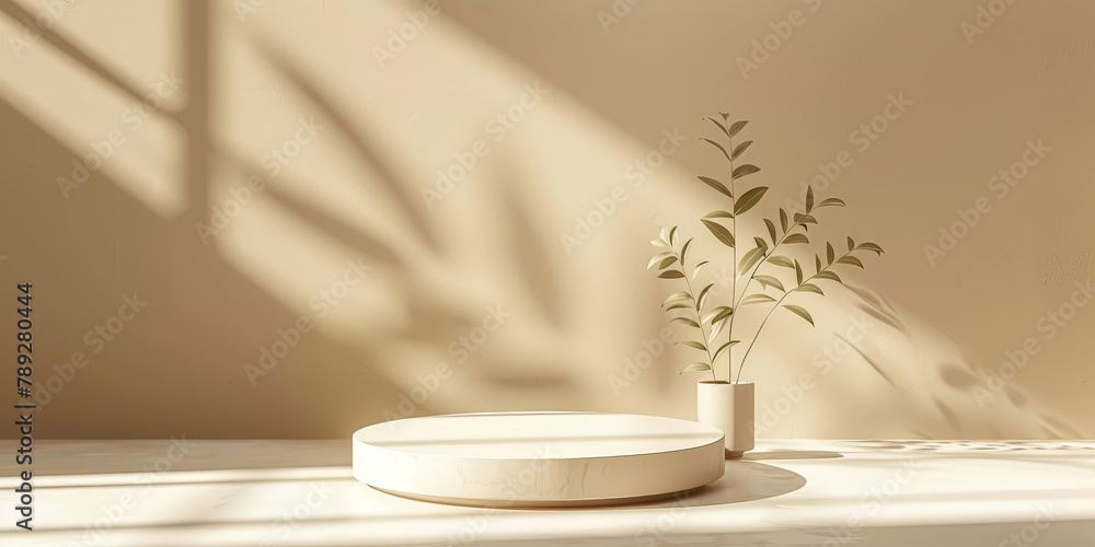 Poster empty podium for product presentation, a round beige podium with soft shadow. empty space in middle 