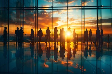 A large gathering stands against a stunningly reflective window, the sunset casting a glow on a...