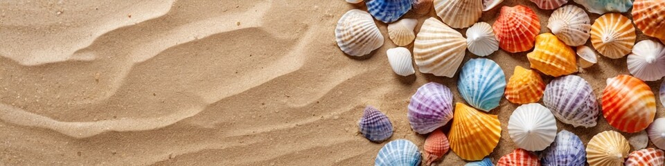 Seashells on golden sand with sea foam, underneath a bright sky. Suitable for themes of nature,...