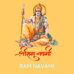 Shree ram navami festival greeting with lord ram illustration and ram navami hindi calligraphy