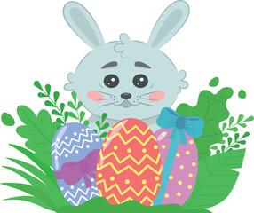 Vector illustration of a cute Easter bunny from a cartoon with eggs and flowers. Easter illustration. Vector illustration.