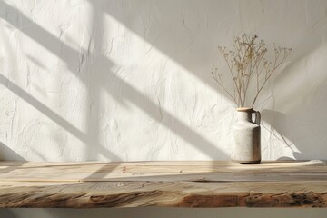 Table background of free space and kitchen interior.White wall with shadows and sunny warm morning time.Copy space for your composition - generative ai