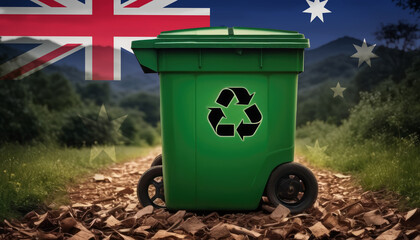 A garbage bin stands amidst the forest backdrop, with the Australia flag waving above. Embracing eco-friendly practices, promoting waste recycling, and preserving nature's sanctity.