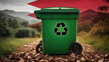 A garbage bin stands amidst the forest backdrop, with the Bahrain flag waving above. Embracing eco-friendly practices, promoting waste recycling, and preserving nature's sanctity.
