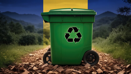 A garbage bin stands amidst the forest backdrop, with the Barbados flag waving above. Embracing eco-friendly practices, promoting waste recycling, and preserving nature's sanctity.