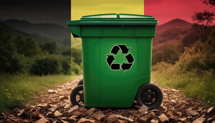 A garbage bin stands amidst the forest backdrop, with the Belgium flag waving above. Embracing eco-friendly practices, promoting waste recycling, and preserving nature's sanctity.
