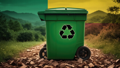 A garbage bin stands amidst the forest backdrop, with the Benin flag waving above. Embracing eco-friendly practices, promoting waste recycling, and preserving nature's sanctity.