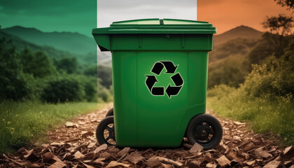 A garbage bin stands amidst the forest backdrop, with the Irish flag waving above. Embracing eco-friendly practices, promoting waste recycling, and preserving nature's sanctity.