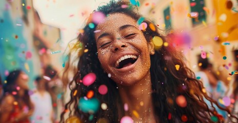 Cover with a girl in the background of the celebration. Open space. Confetti, holiday, party. Bright emotions, colors, joy. Concept of celebration, fair.