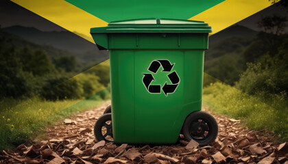 A garbage bin stands amidst the forest backdrop, with the Jamaica flag waving above. Embracing eco-friendly practices, promoting waste recycling, and preserving nature's sanctity.