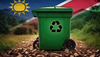 A garbage bin stands amidst the forest backdrop, with the Namibia flag waving above. Embracing eco-friendly practices, promoting waste recycling, and preserving nature's sanctity.
