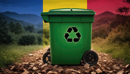 A garbage bin stands amidst the forest backdrop, with the Moldova flag waving above. Embracing eco-friendly practices, promoting waste recycling, and preserving nature's sanctity.