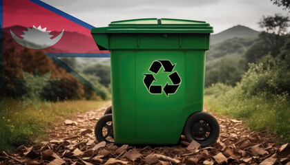 A garbage bin stands amidst the forest backdrop, with the Nepal flag waving above. Embracing eco-friendly practices, promoting waste recycling, and preserving nature's sanctity.