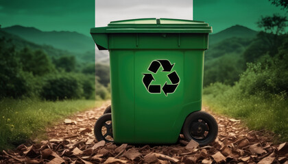 A garbage bin stands amidst the forest backdrop, with the Nigeria flag waving above. Embracing eco-friendly practices, promoting waste recycling, and preserving nature's sanctity.