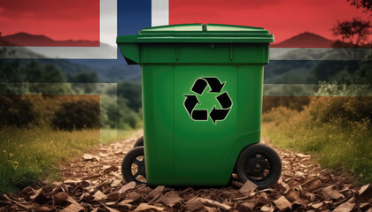 A garbage bin stands amidst the forest backdrop, with the Norway flag waving above. Embracing eco-friendly practices, promoting waste recycling, and preserving nature's sanctity.