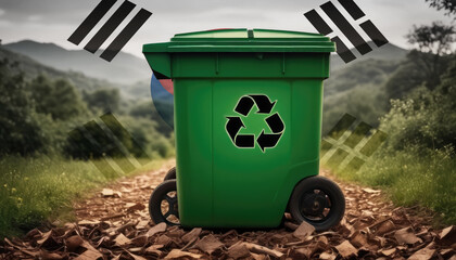 A garbage bin stands amidst the forest backdrop, with the Republic of Korea flag waving above. Embracing eco-friendly practices, promoting waste recycling, and preserving nature's sanctity.