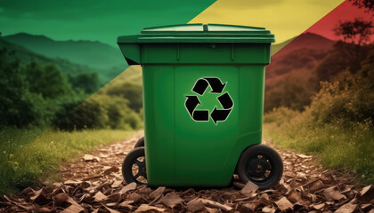 A garbage bin stands amidst the forest backdrop, with the Republic of the Congo flag waving above. Embracing eco-friendly practices, promoting waste recycling, and preserving nature's sanctity.