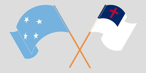 Crossed and waving flags of Micronesia and christianity