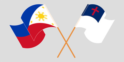 Crossed and waving flags of the Philippines and christianity