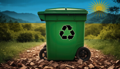 A garbage bin stands amidst the forest backdrop, with the Rwanda flag waving above. Embracing eco-friendly practices, promoting waste recycling, and preserving nature's sanctity.