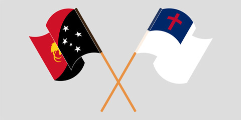 Crossed and waving flags of Papua New Guinea and christianity