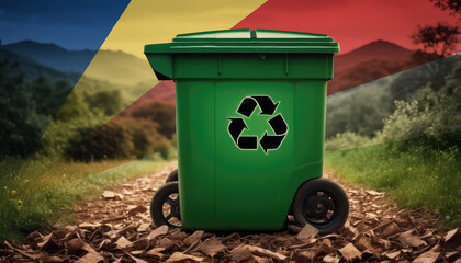 A garbage bin stands amidst the forest backdrop, with the Seychelles flag waving above. Embracing eco-friendly practices, promoting waste recycling, and preserving nature's sanctity. - obrazy, fototapety, plakaty
