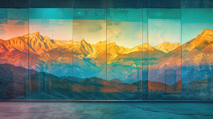 Mountains are reflected in the window. Glass with a reflection of mountains during sunset. Orange mountains.