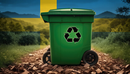 A garbage bin stands amidst the forest backdrop, with the Sweden flag waving above. Embracing eco-friendly practices, promoting waste recycling, and preserving nature's sanctity.
