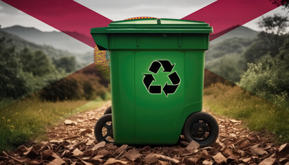 A garbage bin stands amidst the forest backdrop, with the Florida flag waving above. Embracing eco-friendly practices, promoting waste recycling, and preserving nature's sanctity.