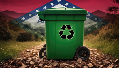 A garbage bin stands amidst the forest backdrop, with the Arkansas flag waving above. Embracing eco-friendly practices, promoting waste recycling, and preserving nature's sanctity.
