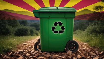 A garbage bin stands amidst the forest backdrop, with the Arizona flag waving above. Embracing eco-friendly practices, promoting waste recycling, and preserving nature's sanctity.