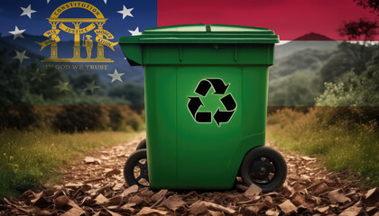 A garbage bin stands amidst the forest backdrop, with the Georgia flag waving above. Embracing eco-friendly practices, promoting waste recycling, and preserving nature's sanctity.