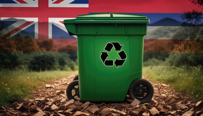 A garbage bin stands amidst the forest backdrop, with the Hawaii flag waving above. Embracing eco-friendly practices, promoting waste recycling, and preserving nature's sanctity.