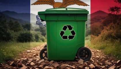 A garbage bin stands amidst the forest backdrop, with the Iowa flag waving above. Embracing eco-friendly practices, promoting waste recycling, and preserving nature's sanctity.