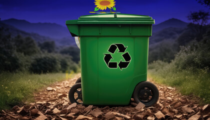 A garbage bin stands amidst the forest backdrop, with the Kansas flag waving above. Embracing eco-friendly practices, promoting waste recycling, and preserving nature's sanctity.